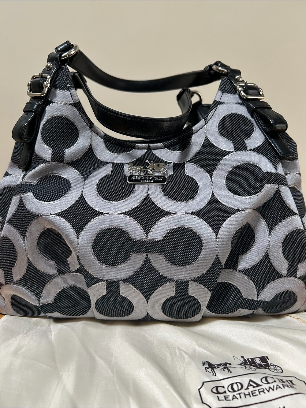 Coach Black and Gray Signature Tote with Leather Trim
